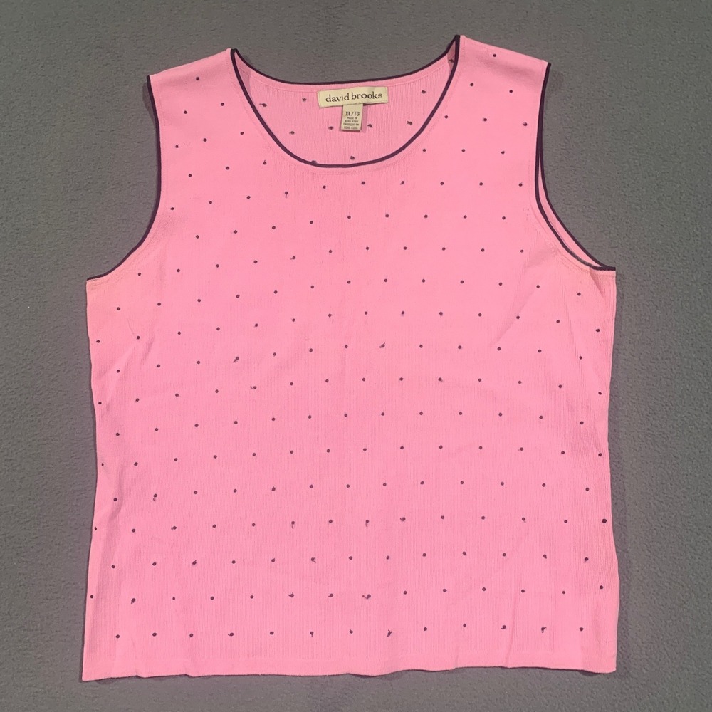 VTG David Brooks Pink Black Polka Dot Knit‎ Sleeveless Shell Top XL Scoop Neck
